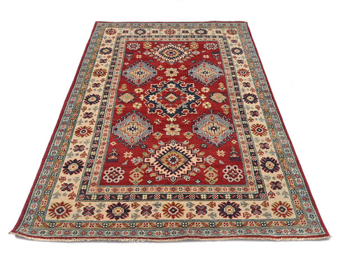 4x7 Red Kuba Afghan Hand Knotted Wool Area Rug